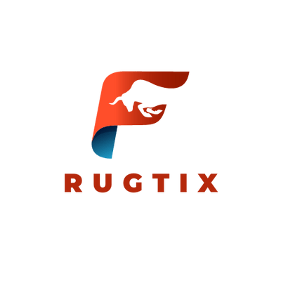 "Stylized red 'R' with a silhouette of a bull's head for RugTix logo, with company name underneath"