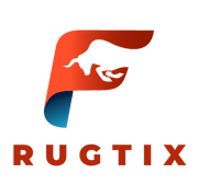 "Stylized red 'R' with a silhouette of a bull's head for RugTix logo, with company name underneath"